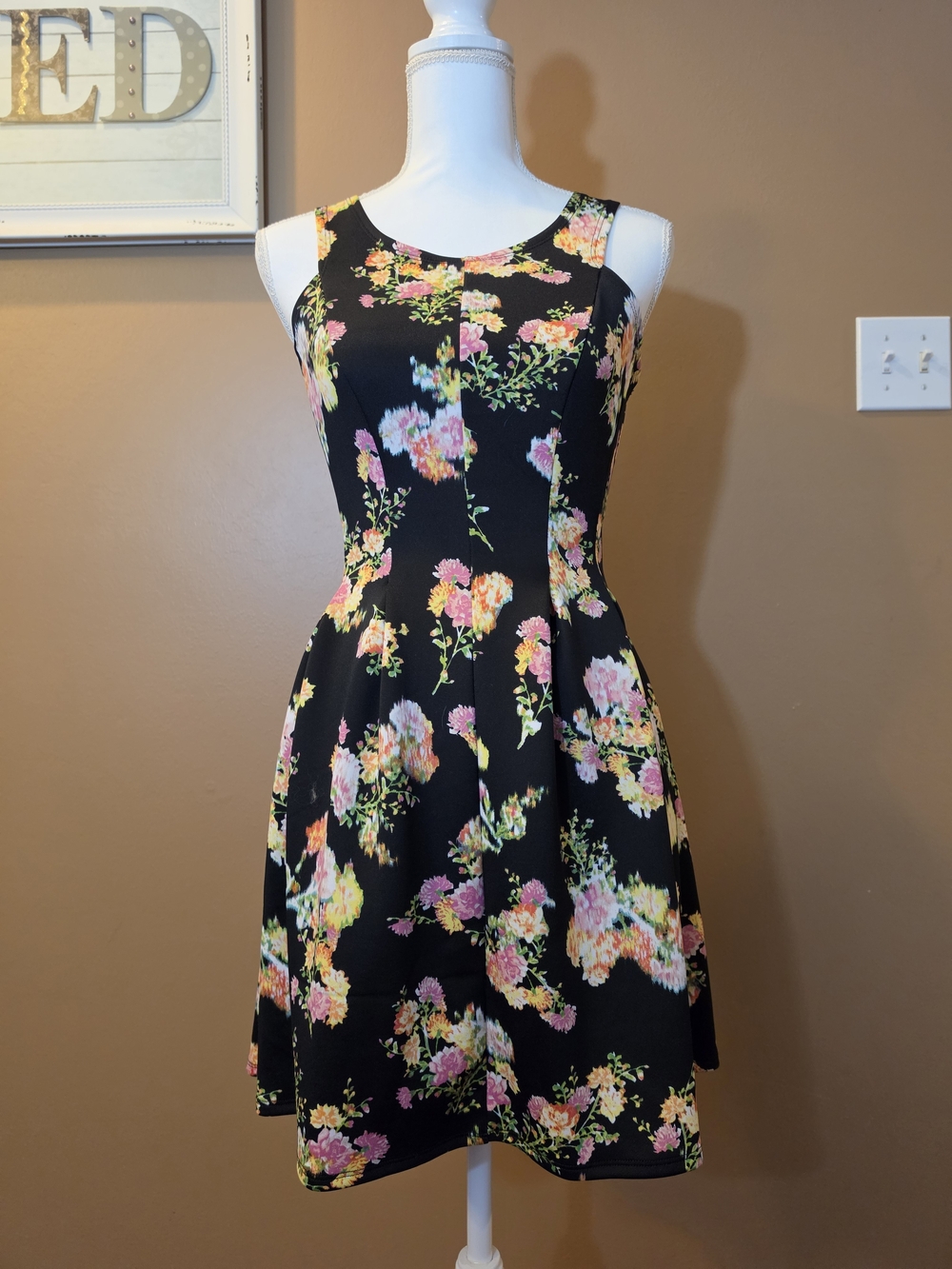 Candie's Black Floral Sleeveless Fit-and-Flare Dress